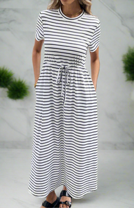 Striped Short Sleeve Drawstring Pocket Midi