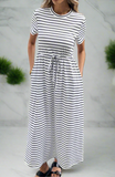 Striped Short Sleeve Drawstring Pocket Midi