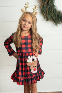 Kids Red & Black Plaid Reindeer Ruffle Holiday Dress