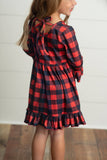 Kids Red & Black Plaid Reindeer Ruffle Holiday Dress