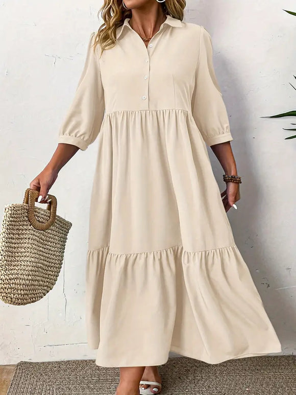 Elegant Cream Midi Dress 3/4 Sleeve