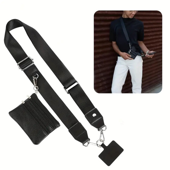 Faux Leather Phone Strap with Zippered Pouch