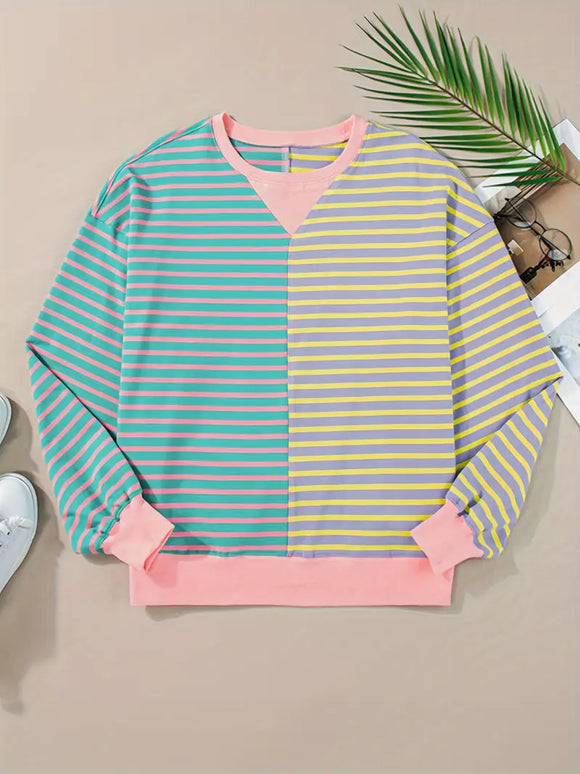 Color Block Long Sleeve Crew Neck