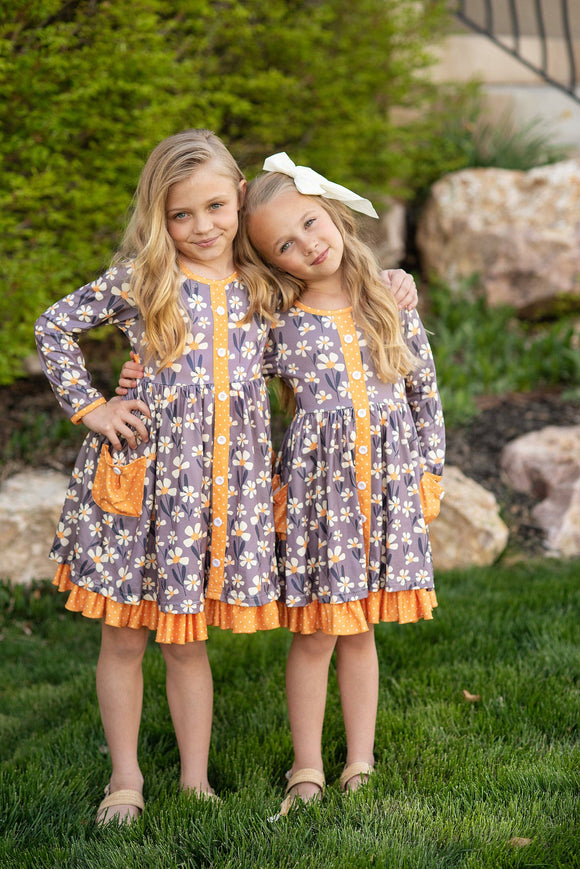 Kids Gray & Mustard Floral Ruffle Button Pocket Fall Dress