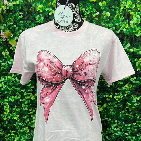 Pink Glitter Print Bow Tshirt
