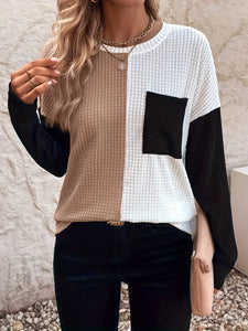 Color Block Waffle Long-sleeved Top