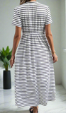 Striped Short Sleeve Drawstring Pocket Midi