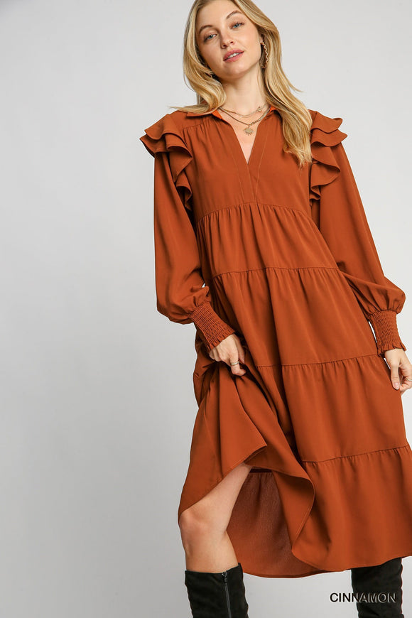 Collared Ruffle Long Sleeve Maxi Dress