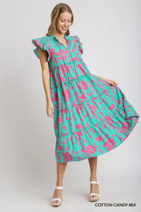 UMGEE Floral Print Tiered Maxi Dress with Ruffle Sleeves