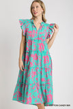 UMGEE Floral Print Tiered Maxi Dress with Ruffle Sleeves