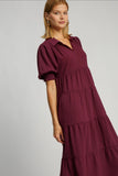 UMGEE Collared Tiered Midi Dress with Cuffed 3/4 Sleeves