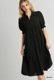 UMGEE Collared Tiered Midi Dress with Cuffed 3/4 Sleeves