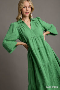 UMGEE Gauze Long Sleeve Collar Split Neck Tiered Maxi Dress Green