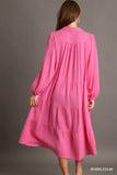 UMGEE Gauze Long Sleeve Collar Split Neck Tiered Maxi Dress Pink