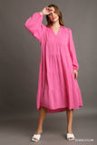 UMGEE Gauze Long Sleeve Collar Split Neck Tiered Maxi Dress Pink