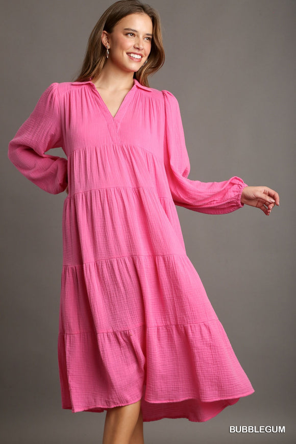 UMGEE Gauze Long Sleeve Collar Split Neck Tiered Maxi Dress Pink