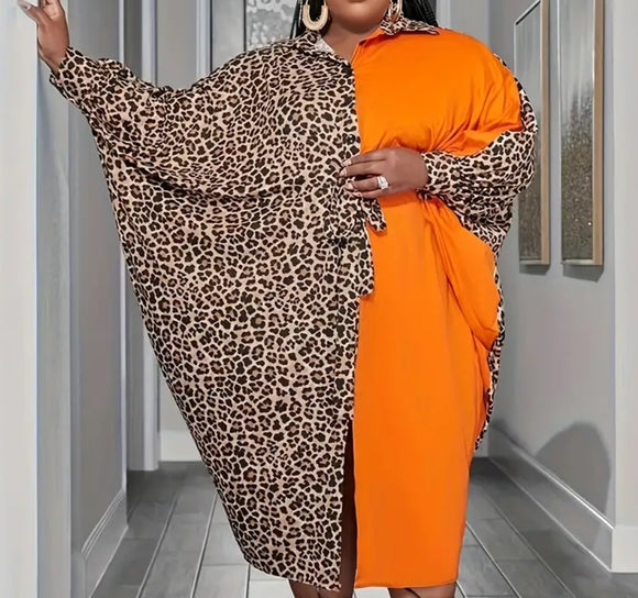 Plus Size Colorblock Orange Leopard Print