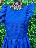 Windowpane Mesh Ruffle Sleeve Midi Dress