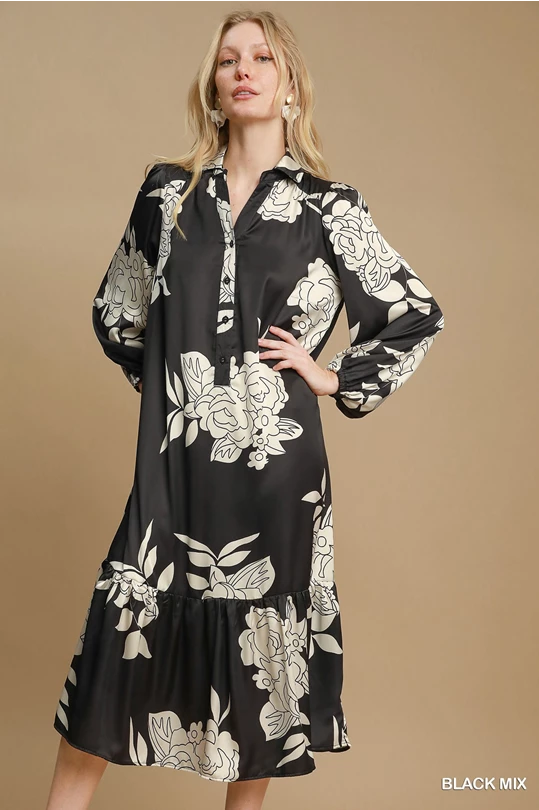 Satin Flower Button Down Midi Dress