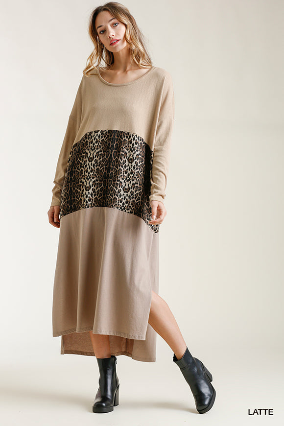 Animal Print Colorblock Long Sleeve Maxi Dress