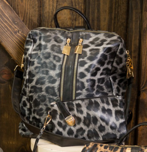 Convertible Grey Leopard Vegan Leather Backpack Handbag