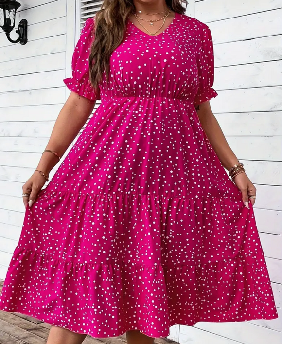 Tiered Polka Dot Print Short Sleeve Midi Dress (Plus Size)