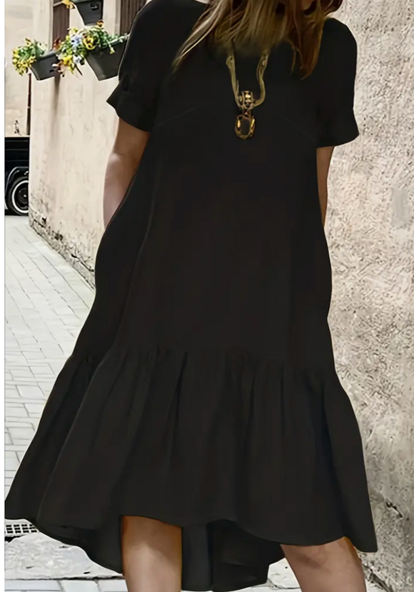 Hi-Lo Short Sleeve Midi Dress with Pockets (Plus)