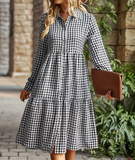 Gingham Print Button Front Midi Dress