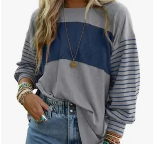 Long Sleeve Striped Color Block Oversized Top