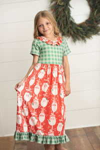 Kids Green Check & Vintage Santa Print Lounge Play Gown