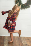 Kids Red & Black Plaid Reindeer Ruffle Holiday Dress