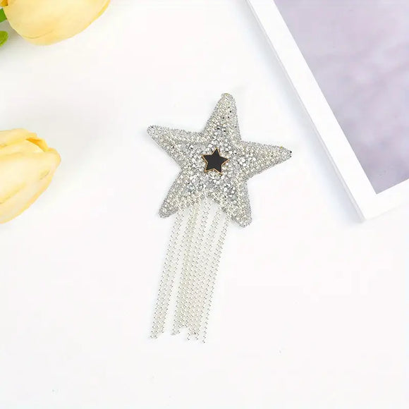 Rhinestone Star Shape Brooch With Tassel Patch