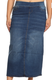 Stretch Denim Straight Long Skirt Elastic Waistband (Plus)