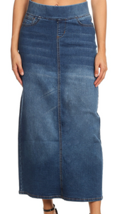 Stretch Denim Straight Long Skirt Elastic Waistband