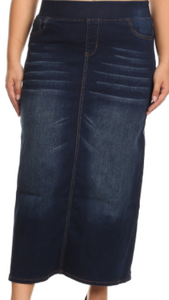 Stretch Denim Straight Long Skirt Elastic Waistband (Plus)