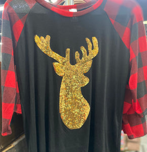 Red & Black Plaid 3/4 sleeve glitter deer top