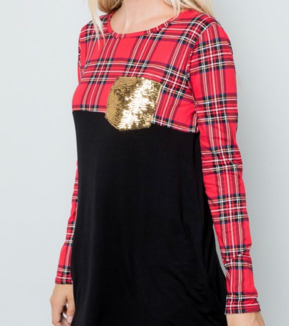 Red Plaid Long sleeve with Glitter Pocket